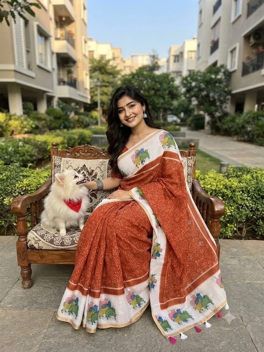 Peachmode Rust Printed Linen Saree - Image 2