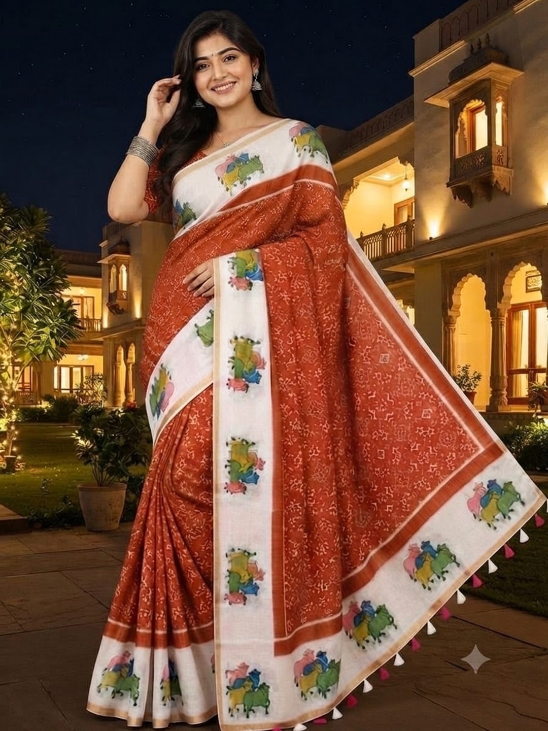 Peachmode Rust Printed Linen Saree - Image 1