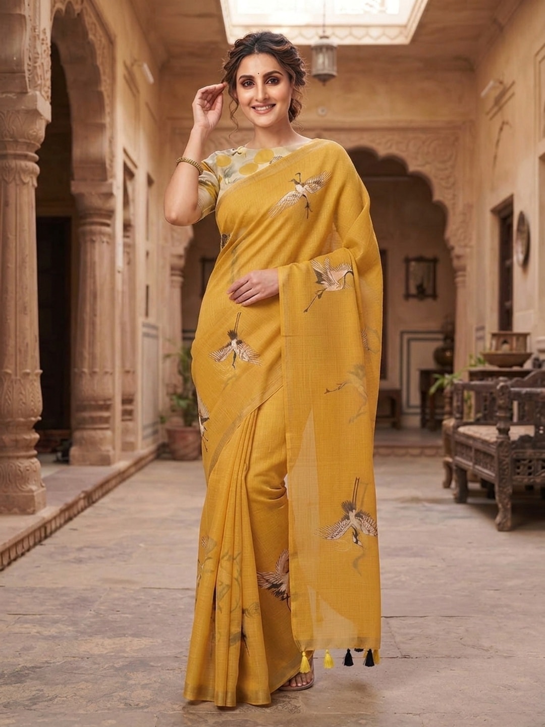 Peachmode Mustard Printed Linen Saree - Image 3
