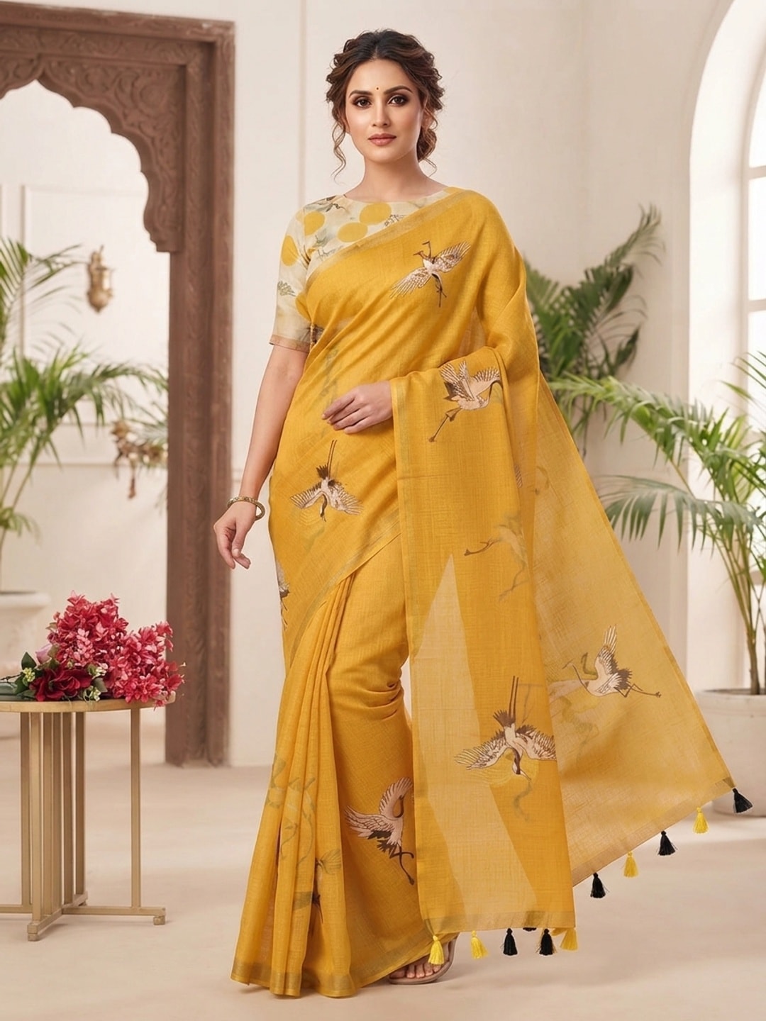 Peachmode Mustard Printed Linen Saree - Image 1