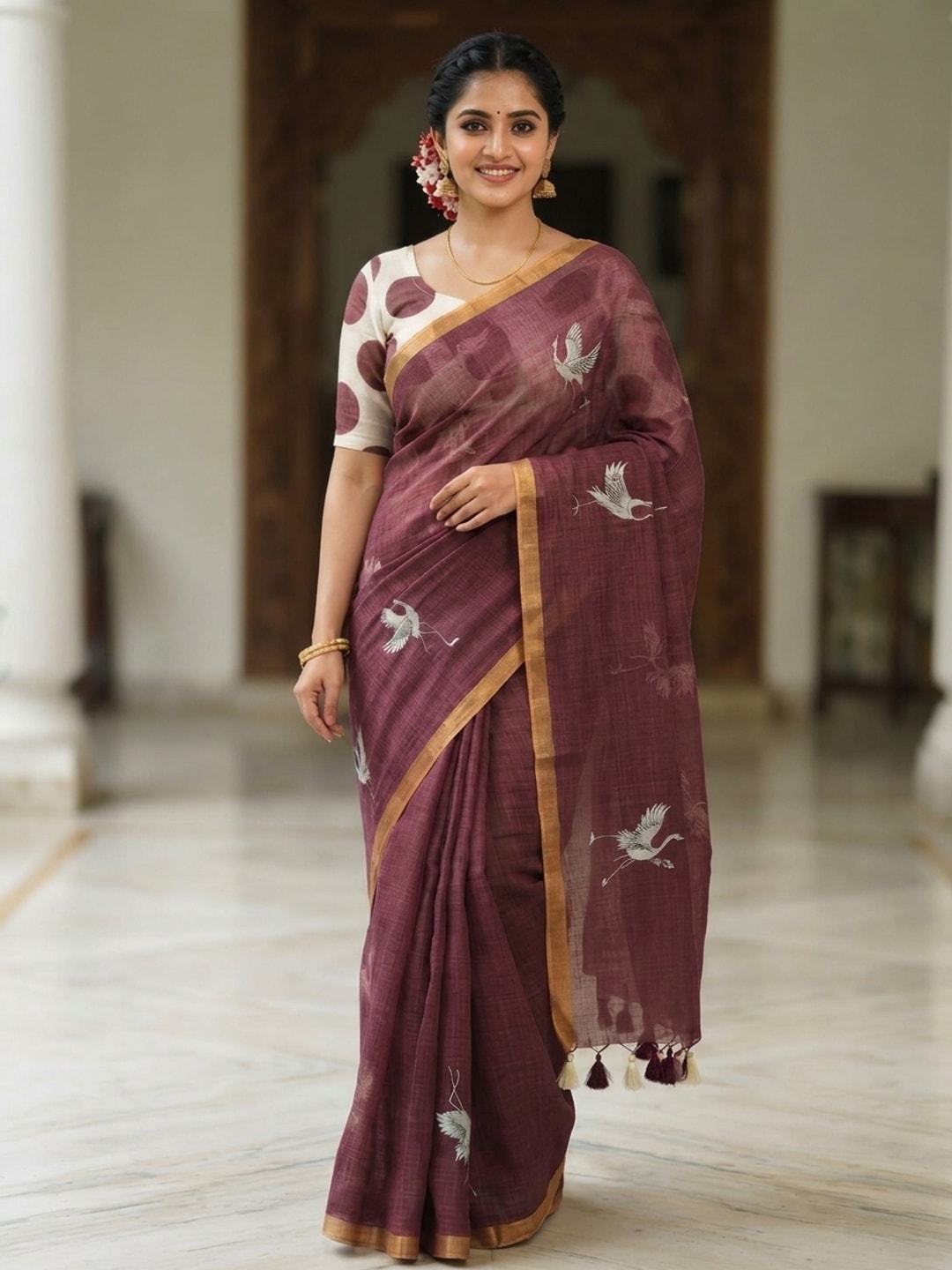 Peachmode Wine Printed Linen Saree - Image 1