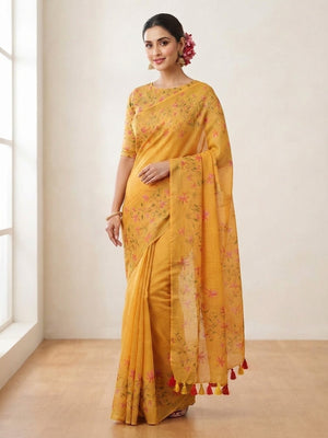 Peachmode Mustard Printed Linen Saree - Image 1