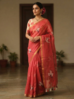 Peachmode Coral Printed Linen Saree - Image 1