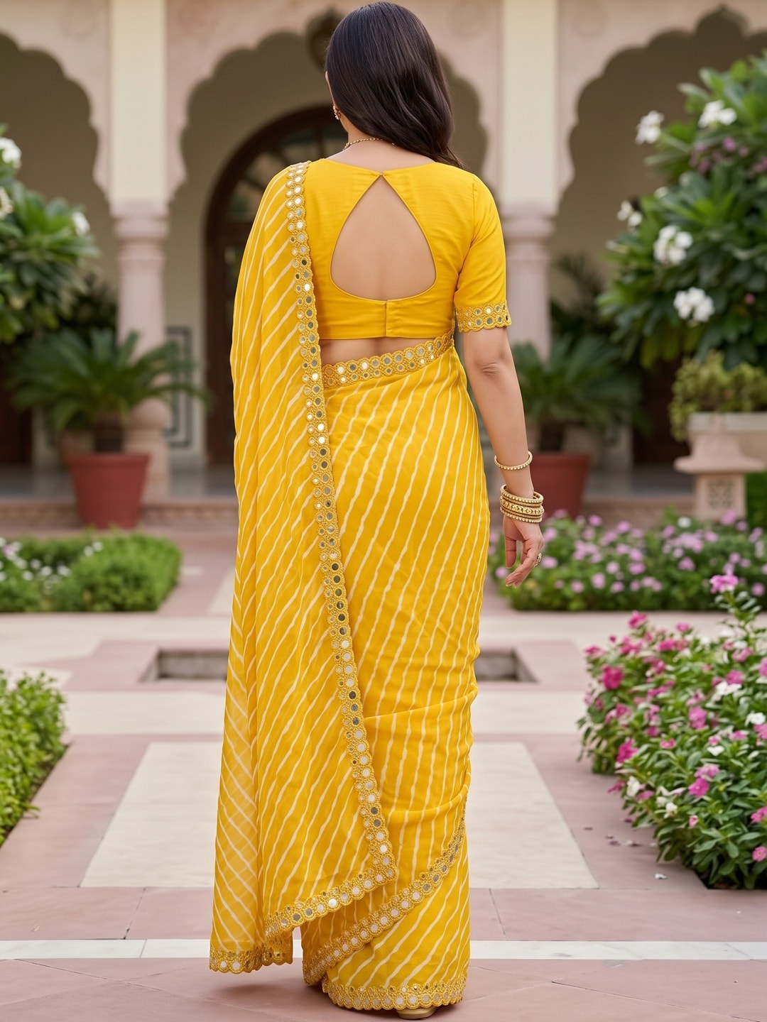 Peachmode Yellow Lehariya Printed Georgette Saree With Mirror Border - Image 5