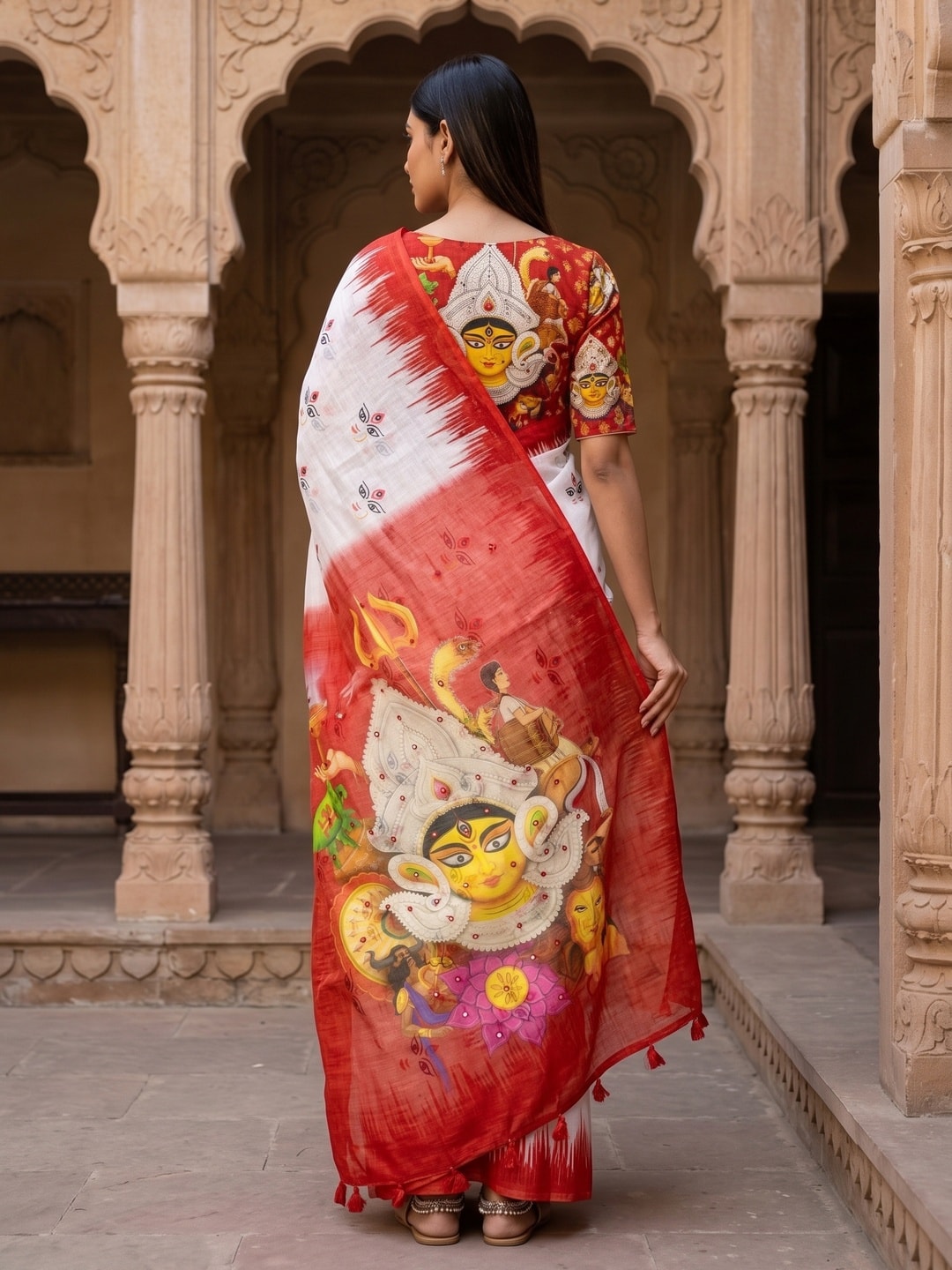 Peachmode White Durga Printed Linen Saree With Mirror Work - Image 2
