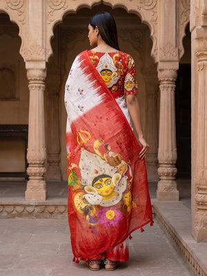 Peachmode White Durga Printed Linen Saree With Mirror Work - Image 2