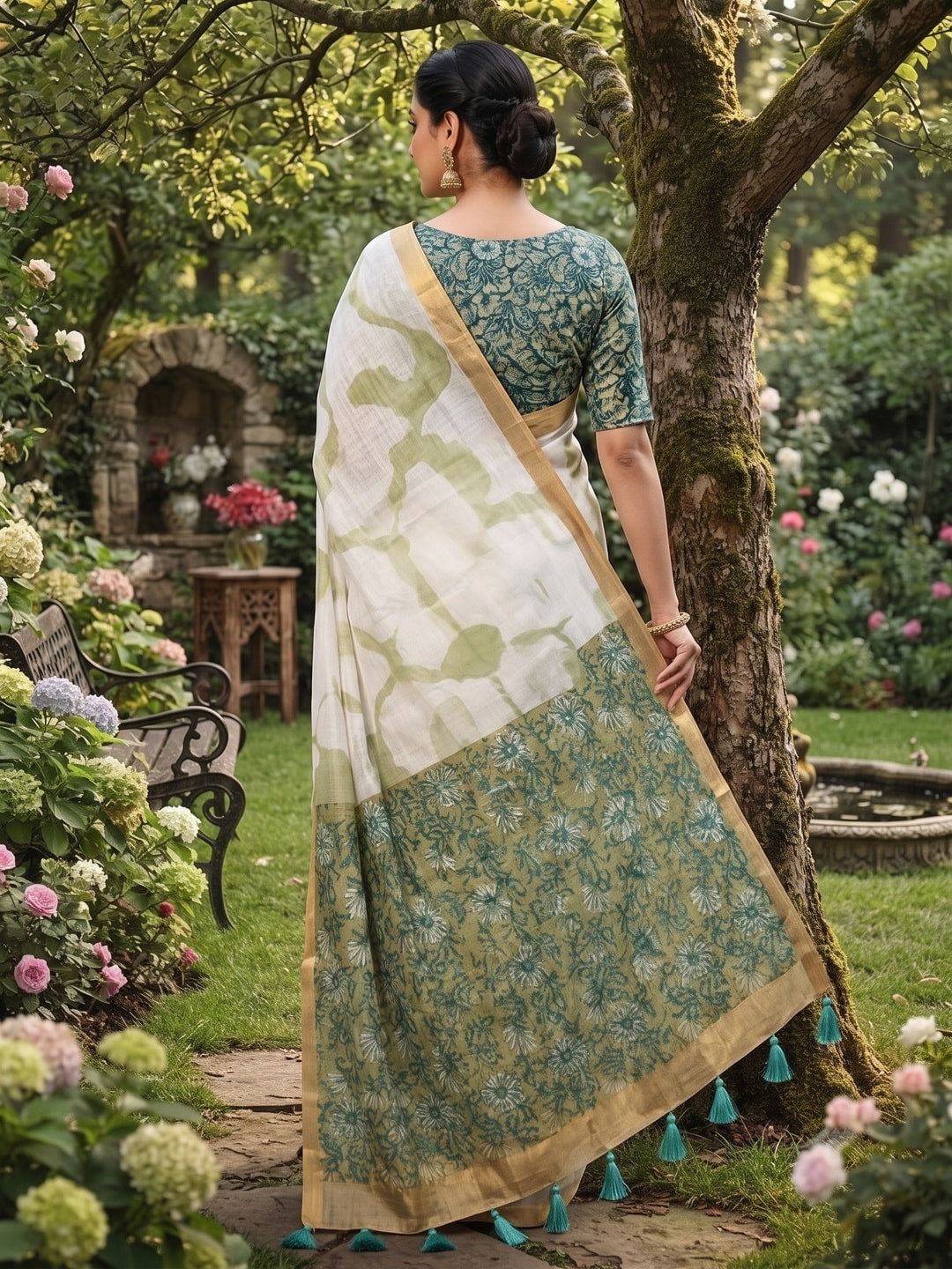 Peachmode White Printed Linen Saree - Image 3