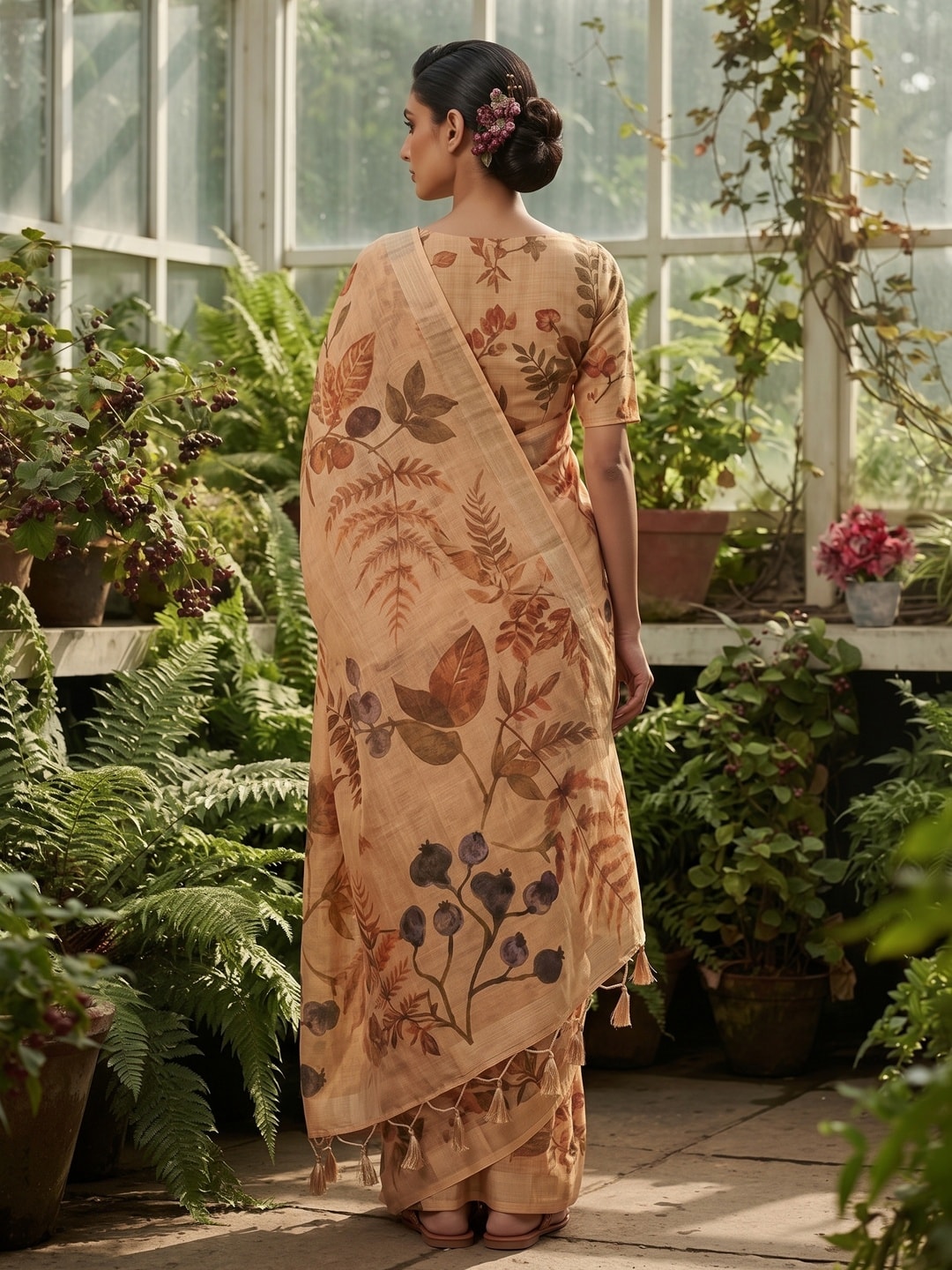 Peachmode Peach Printed Linen Saree - Image 3