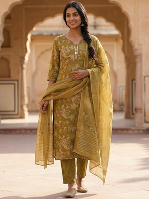 Mustard Rayon Salwar Suit with Artistic Floral Prints and Straight Silhouette - Image 2