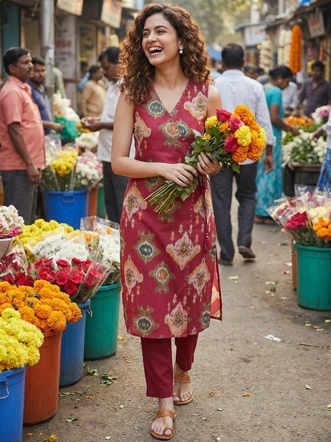 Pink Ikkat Printed Pure Cotton Two-Piece Angrakha Outfit for Women