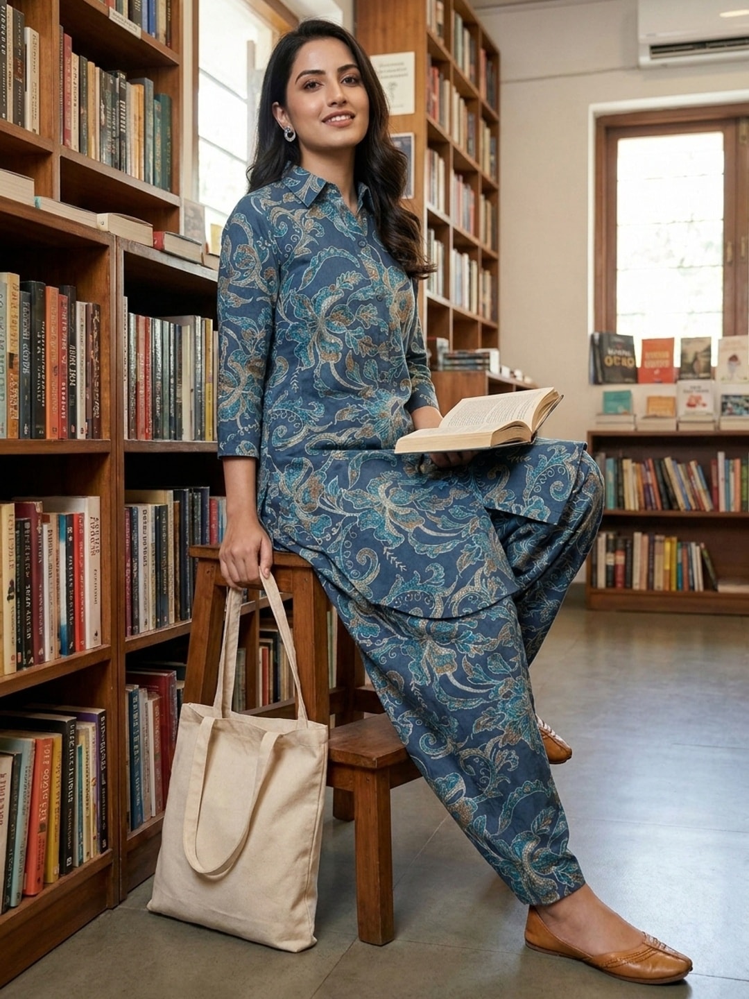 Blue Viscose Suit Set Featuring Elegant Floral Prints and Classic Straight Cut Pattern