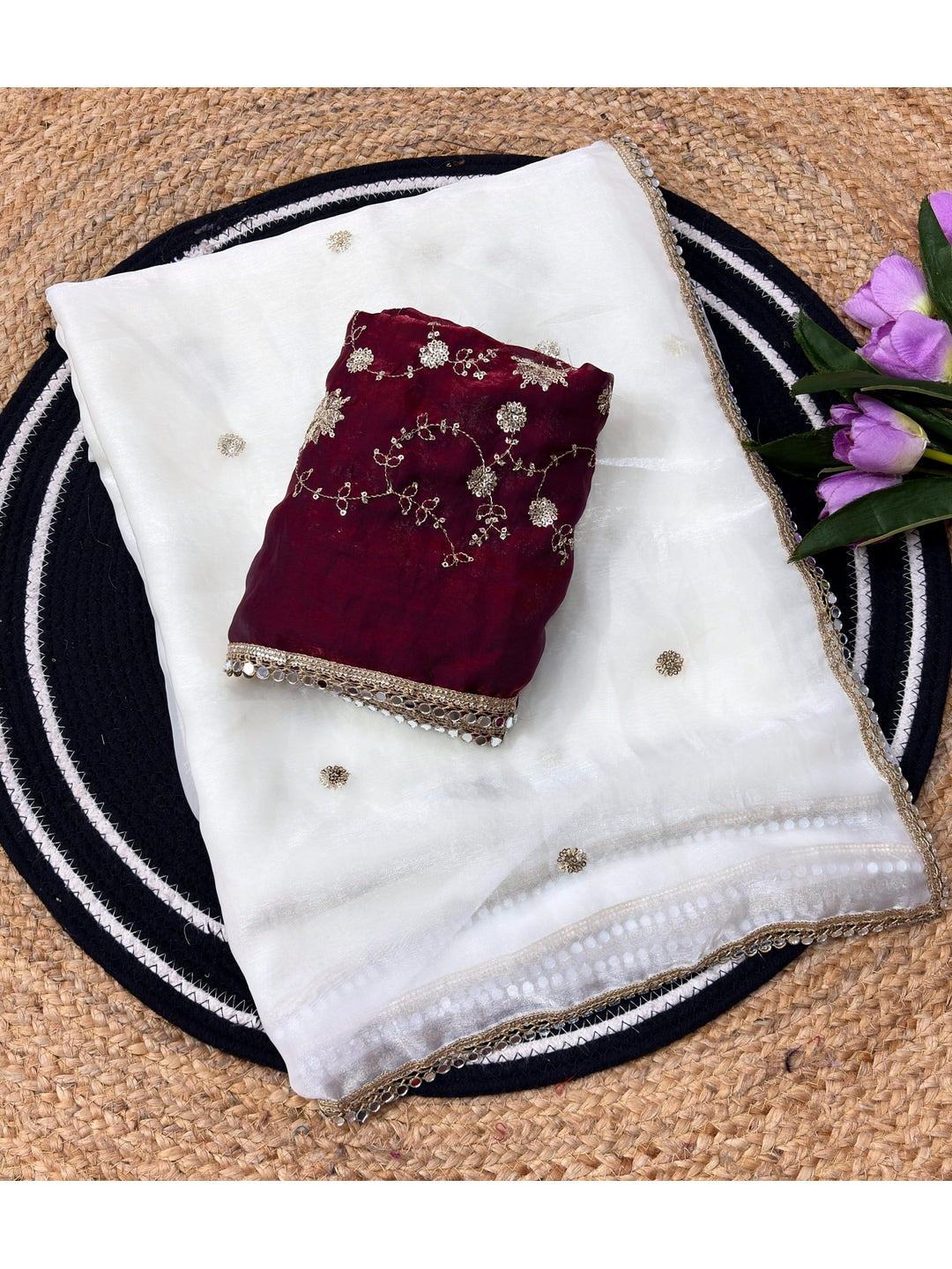Peachmode White Sequin Work Silk Blend Saree With Mirror Lace Border - Image 5