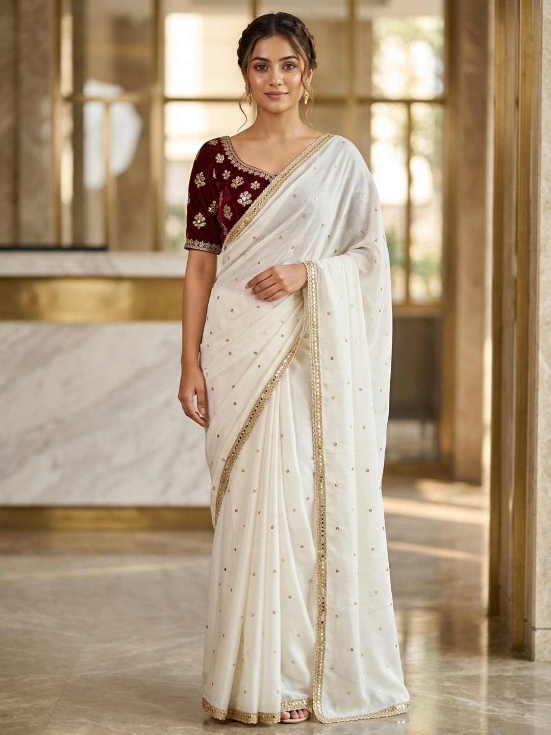 Peachmode White Sequin Work Silk Blend Saree With Mirror Lace Border - Image 1
