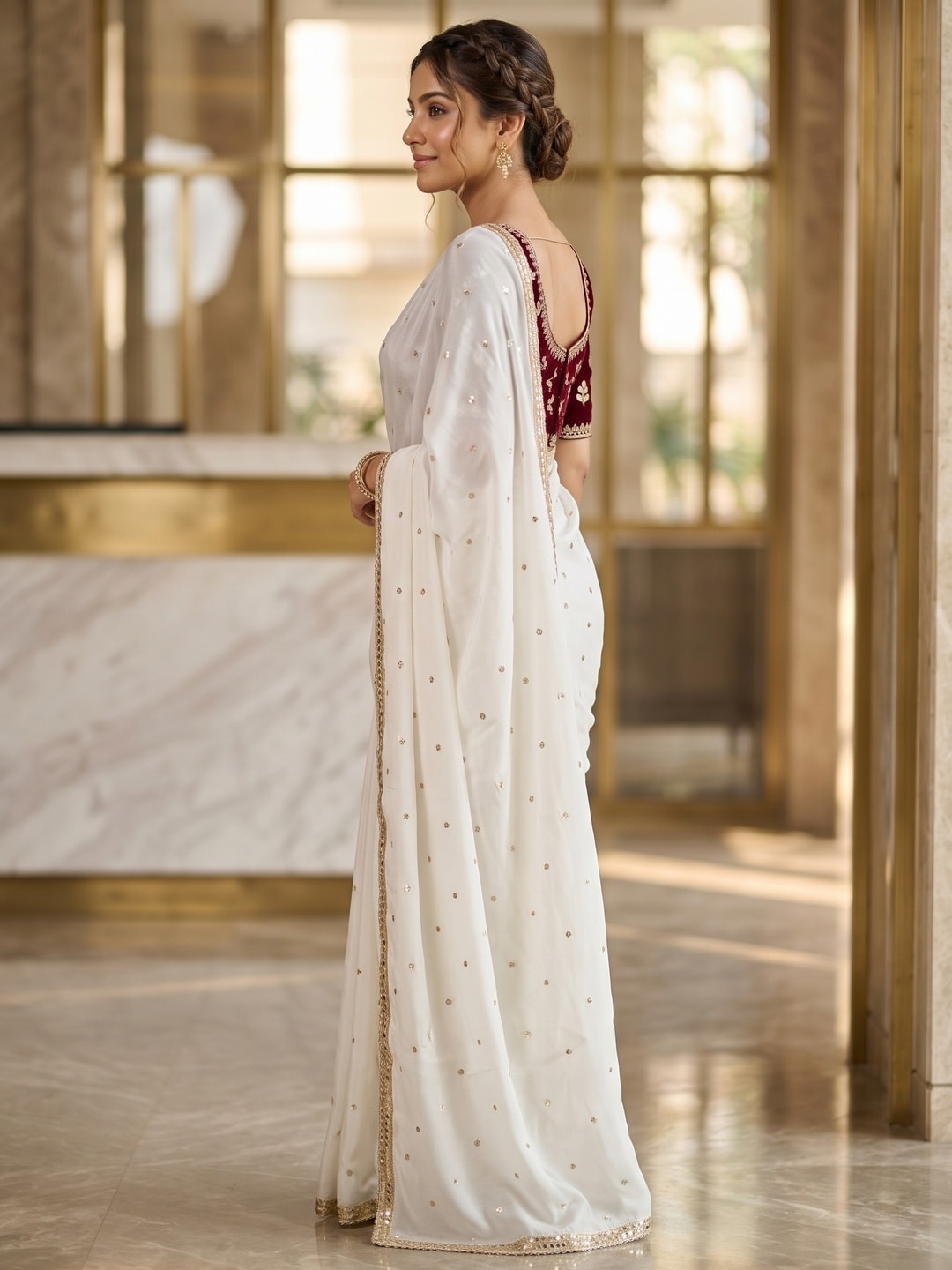 Peachmode White Sequin Work Silk Blend Saree With Mirror Lace Border - Image 2