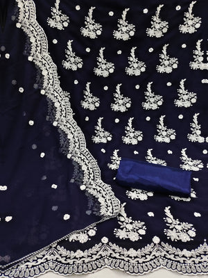 Peachmode Navy Blue Georgette Unstitched Dress Material With White Thread Embroidery - Image 2