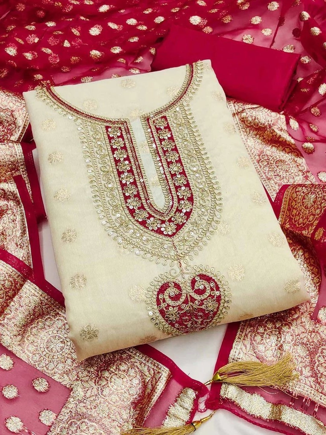 Peachmode Red Butti Weaving Shimmer Unstitched Dress Material With Cording Embroidery On Neck - Image 1