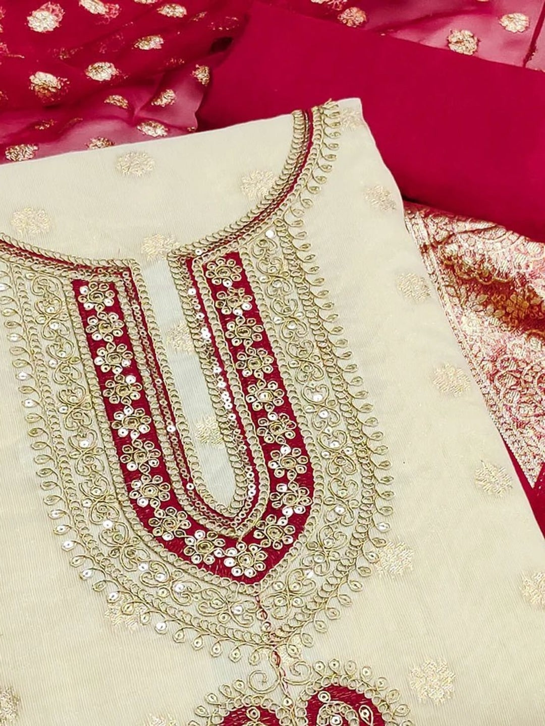 Peachmode Red Butti Weaving Shimmer Unstitched Dress Material With Cording Embroidery On Neck - Image 4