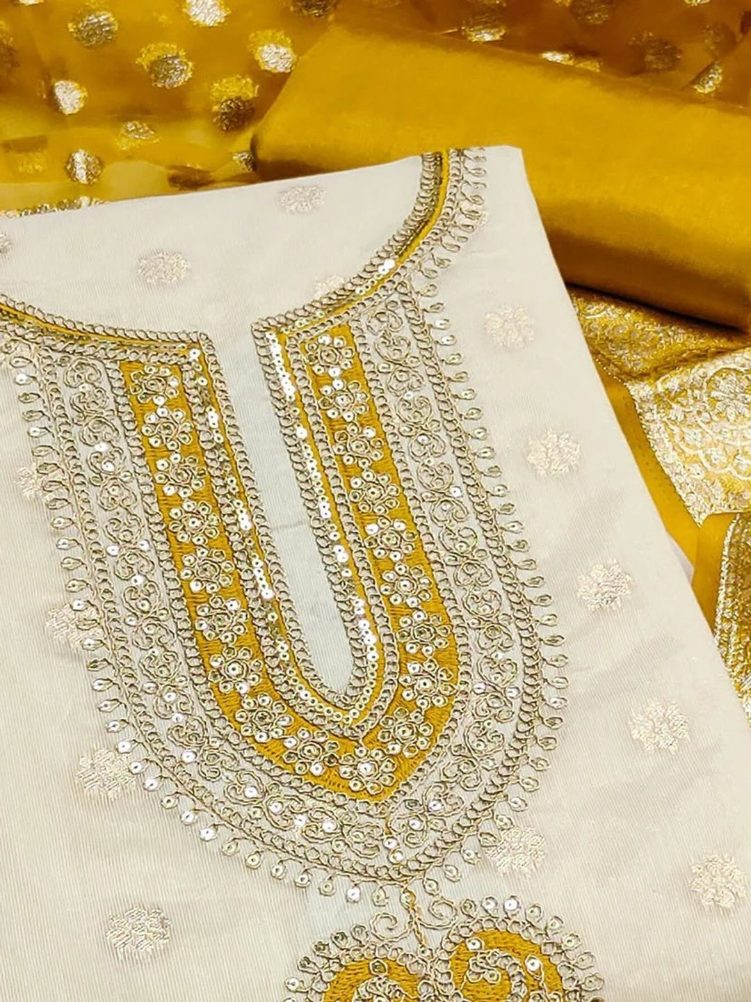 Peachmode Mustard Butti Weaving Shimmer Unstitched Dress Material With Cording Embroidery On Neck - Image 3