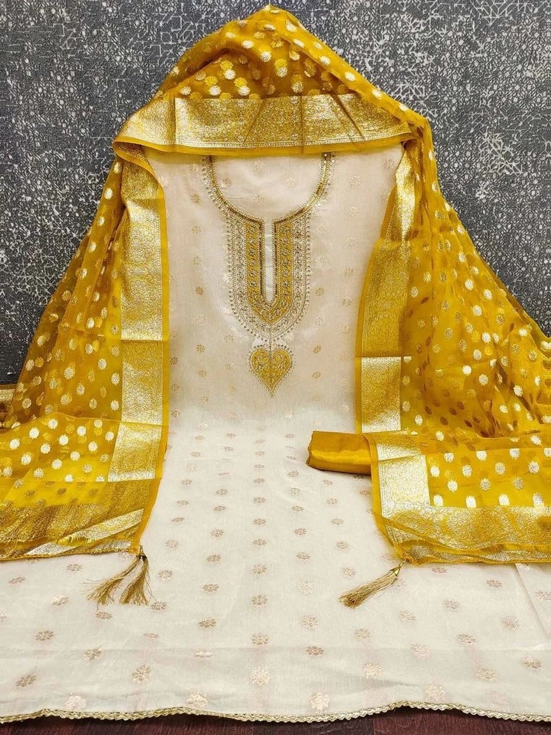 Peachmode Mustard Butti Weaving Shimmer Unstitched Dress Material With Cording Embroidery On Neck - Image 5
