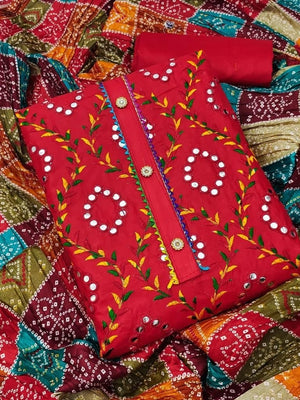 Peachmode Red Cotton Unstitched Dress Material With Mirror Work And Bandhani Print Dupatta - Image 1