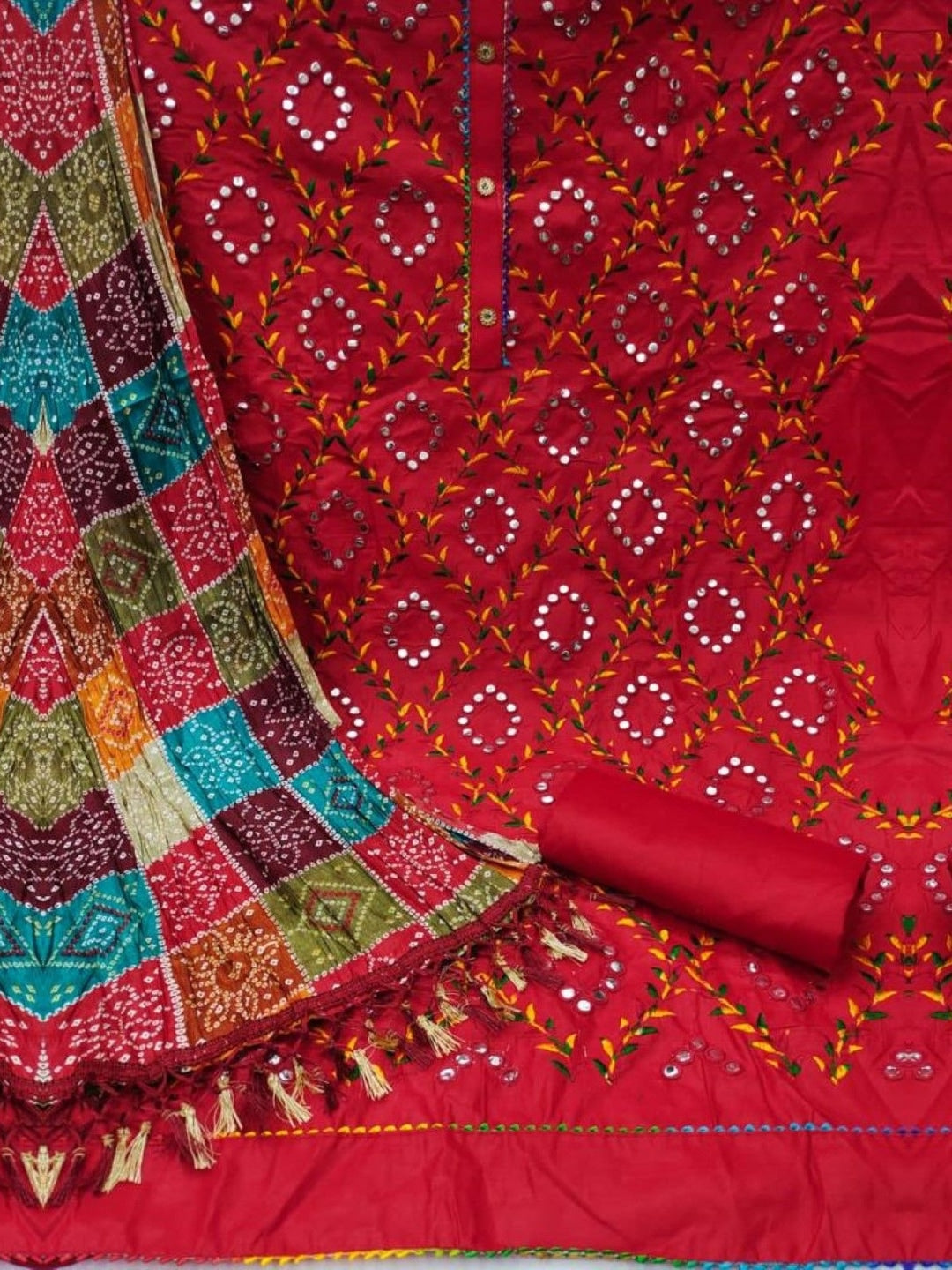 Peachmode Red Cotton Unstitched Dress Material With Mirror Work And Bandhani Print Dupatta - Image 3