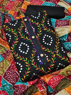 Peachmode Black Cotton Unstitched Dress Material With Mirror Work And Bandhani Print Dupatta - Image 1