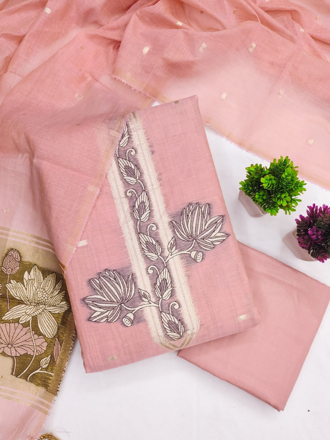 Peachmode Peach Muga Cotton Unstitched Dress Material With Jamdani Pichwai Weaving - Image 1
