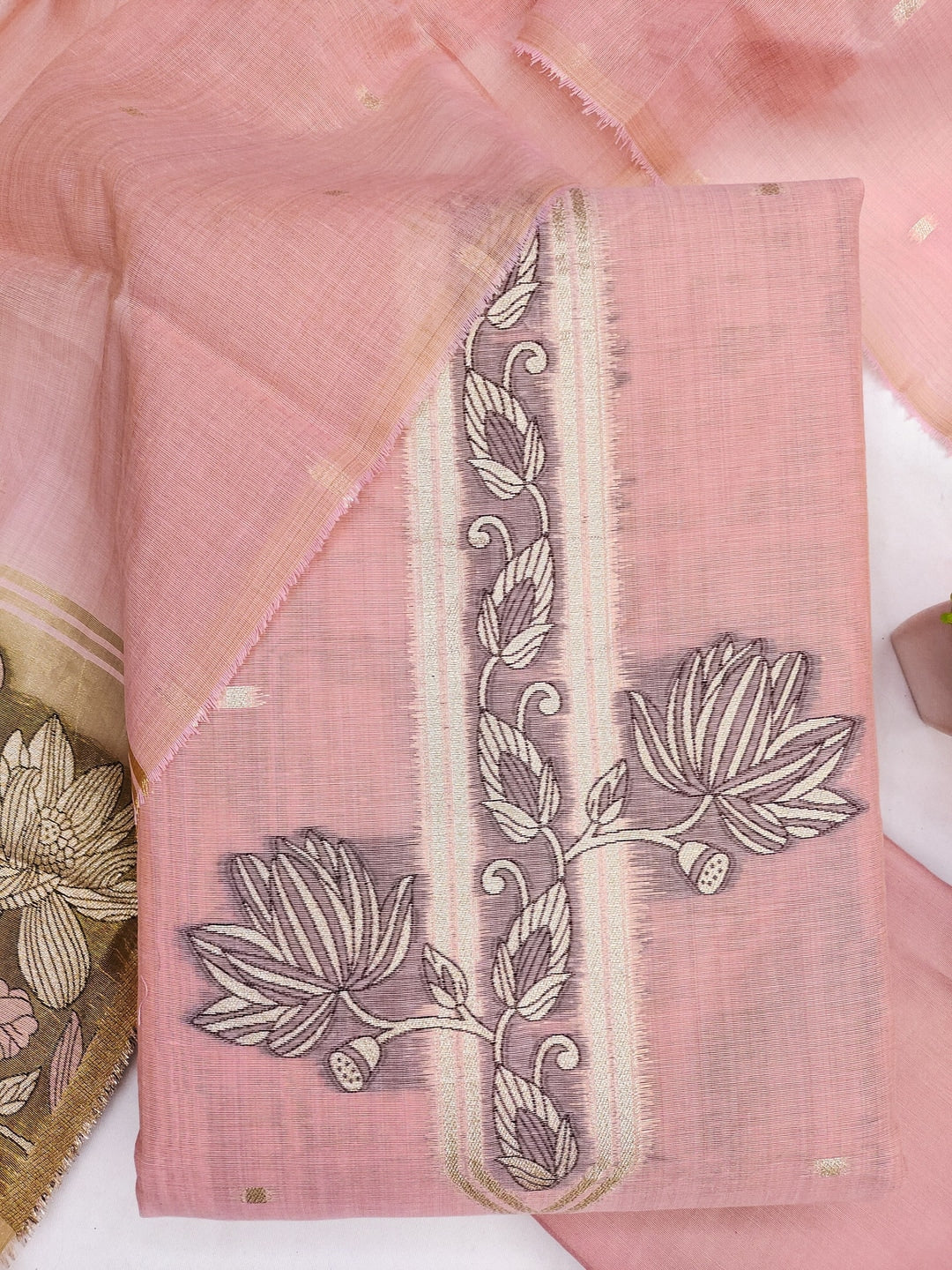 Peachmode Peach Muga Cotton Unstitched Dress Material With Jamdani Pichwai Weaving - Image 3