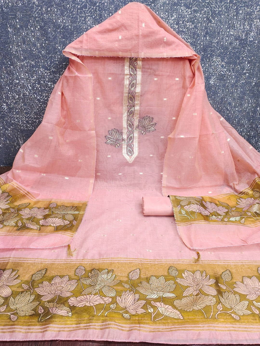Peachmode Peach Muga Cotton Unstitched Dress Material With Jamdani Pichwai Weaving - Image 4