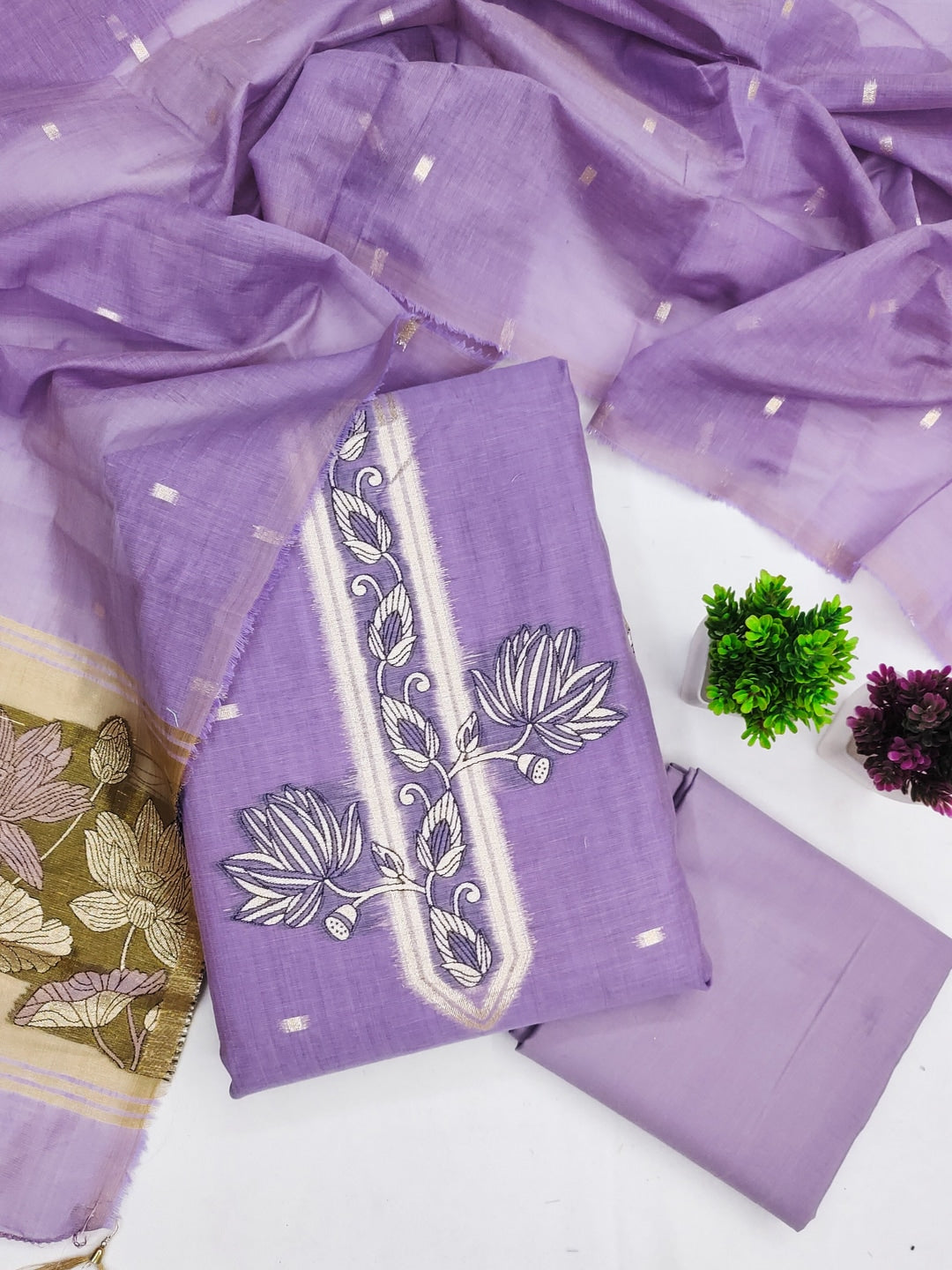 Peachmode Lavender Muga Cotton Unstitched Dress Material With Jamdani Pichwai Weaving - Image 1