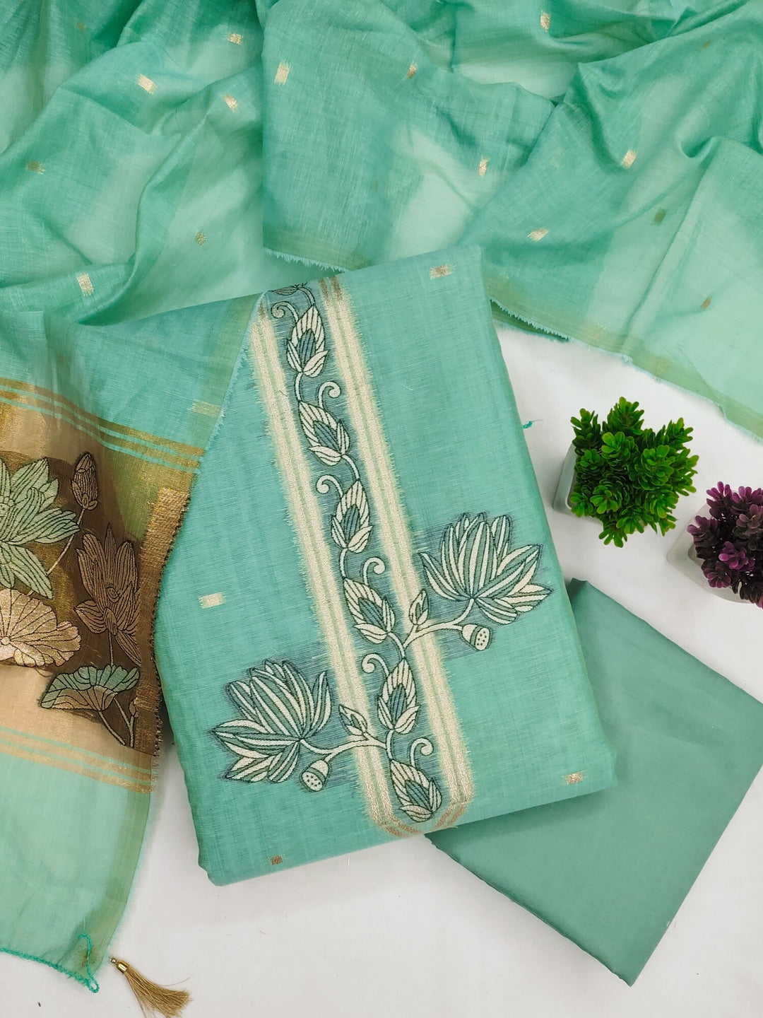 Peachmode Mint Muga Cotton Unstitched Dress Material With Jamdani Pichwai Weaving - Image 1