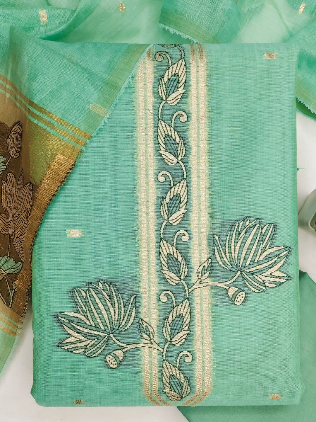 Peachmode Mint Muga Cotton Unstitched Dress Material With Jamdani Pichwai Weaving - Image 3