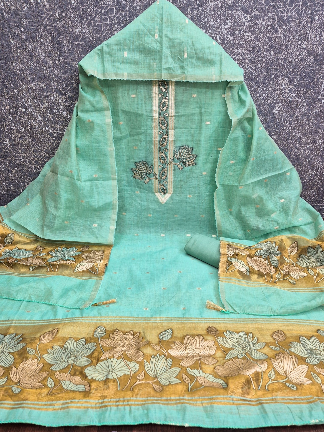 Peachmode Mint Muga Cotton Unstitched Dress Material With Jamdani Pichwai Weaving - Image 4