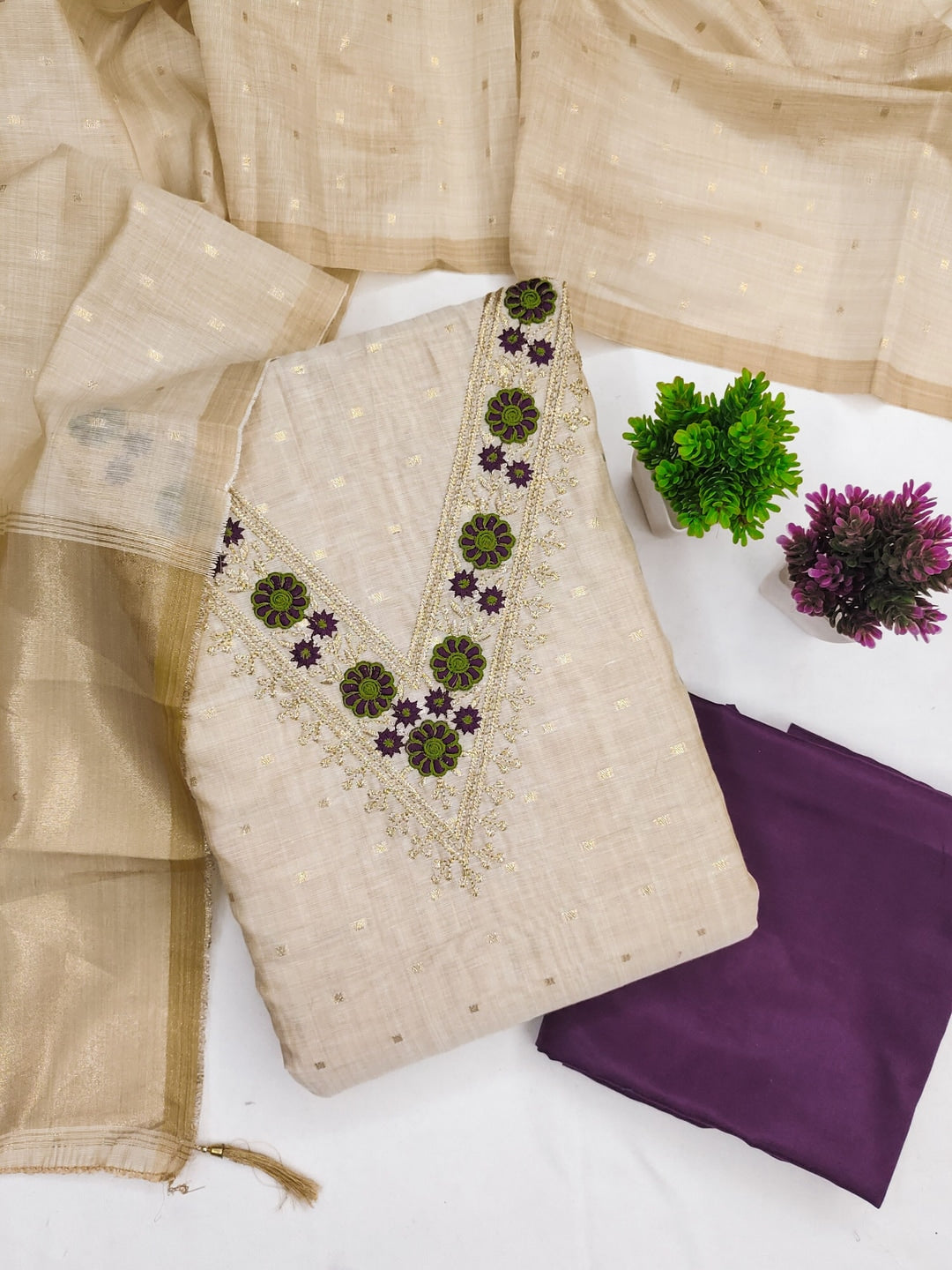 Peachmode Purple Jamdani Cotton Unstitched Dress Material With V-Neck Floral Embroidery - Image 1