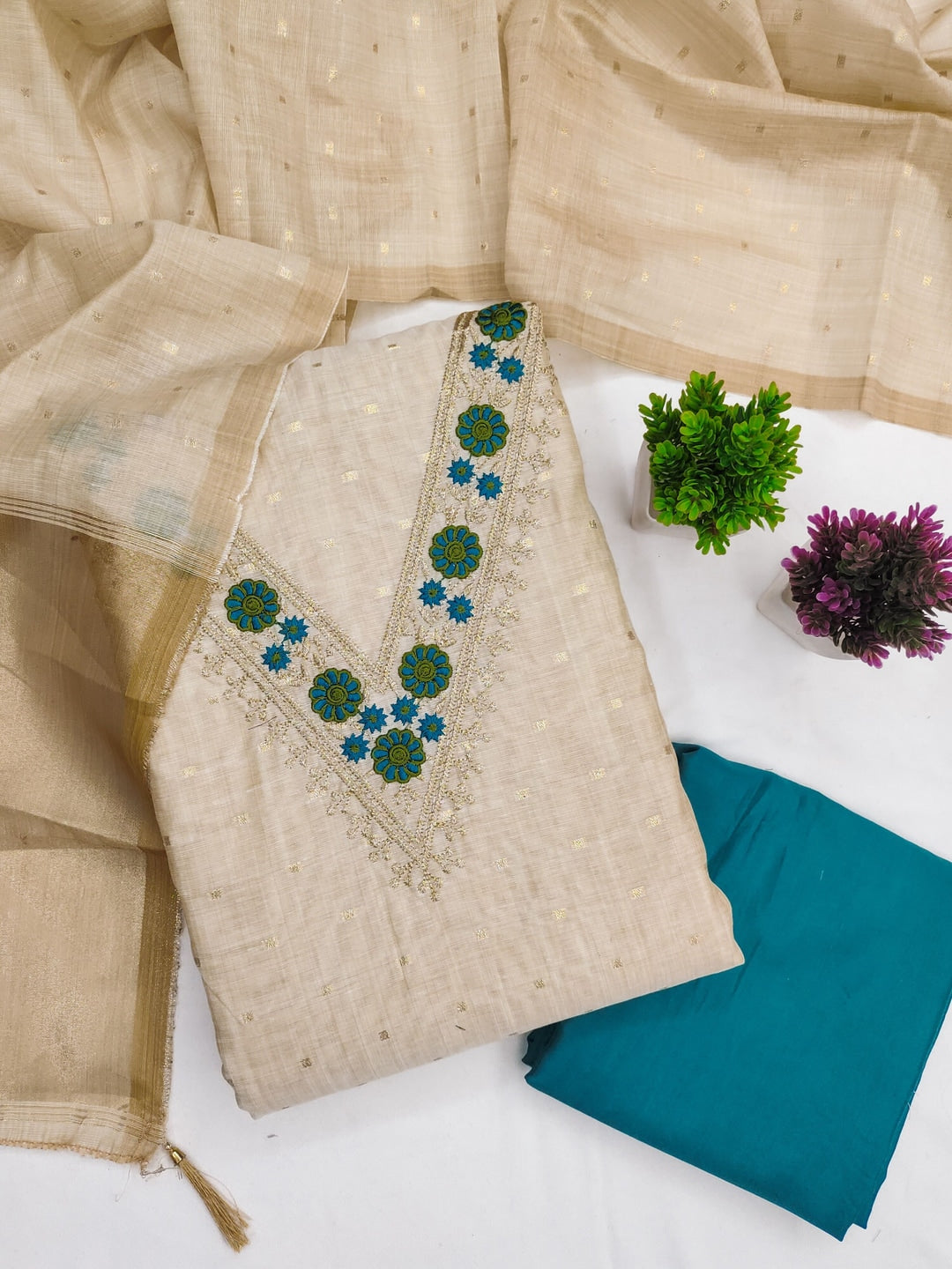 Peachmode Turquoise Jamdani Cotton Unstitched Dress Material With V-Neck Floral Embroidery - Image 1