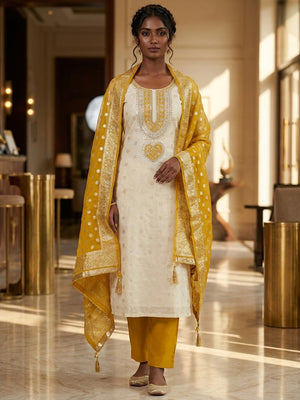 Peachmode Mustard Butti Weaving Shimmer Unstitched Dress Material With Cording Embroidery On Neck - Image 2