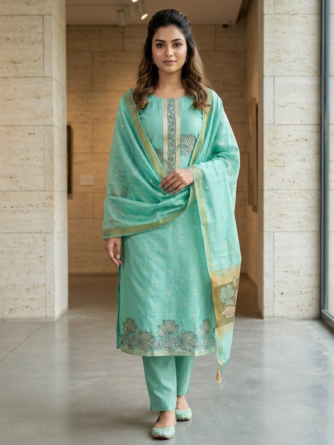 Peachmode Mint Muga Cotton Unstitched Dress Material With Jamdani Pichwai Weaving - Image 2