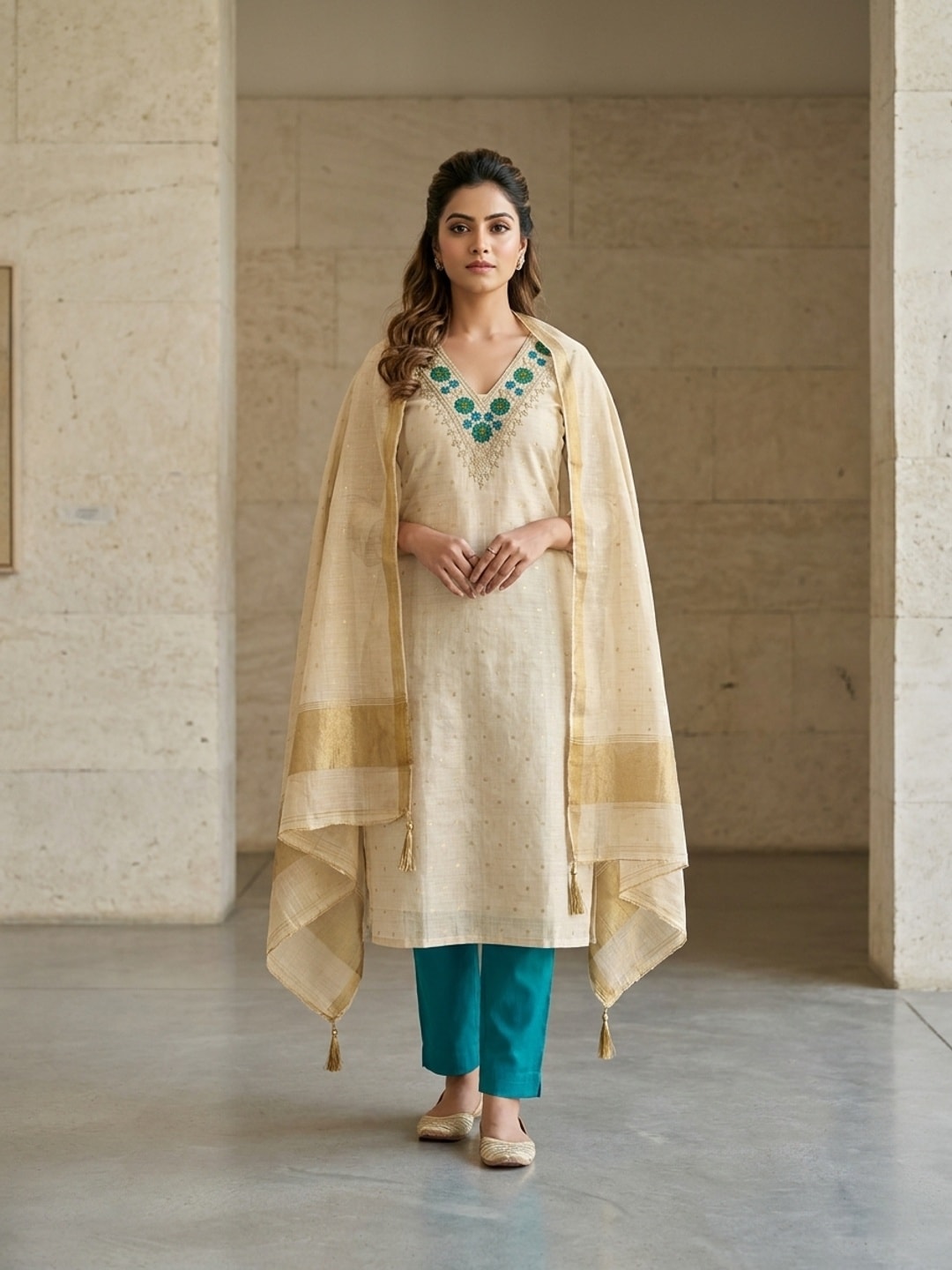 Peachmode Turquoise Jamdani Cotton Unstitched Dress Material With V-Neck Floral Embroidery - Image 2