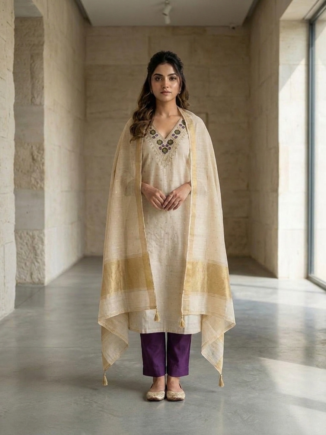 Peachmode Purple Jamdani Cotton Unstitched Dress Material With V-Neck Floral Embroidery - Image 2