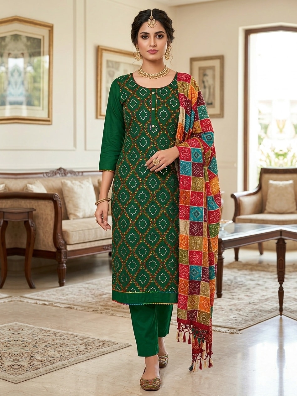 Peachmode Green Cotton Unstitched Dress Material With Mirror Work And Bandhani Print Dupatta - Image 2