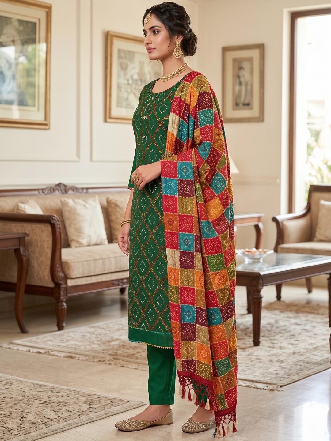 Peachmode Green Cotton Unstitched Dress Material With Mirror Work And Bandhani Print Dupatta - Image 3