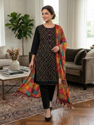 Peachmode Black Cotton Unstitched Dress Material With Mirror Work And Bandhani Print Dupatta - Image 2