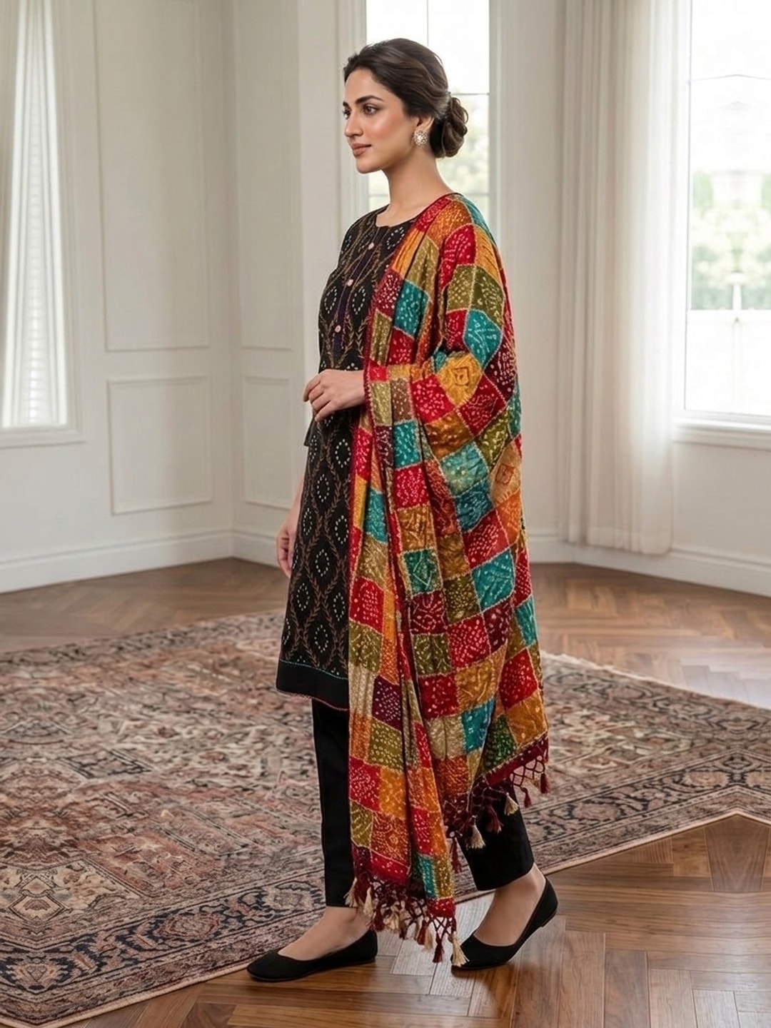 Peachmode Black Cotton Unstitched Dress Material With Mirror Work And Bandhani Print Dupatta - Image 3