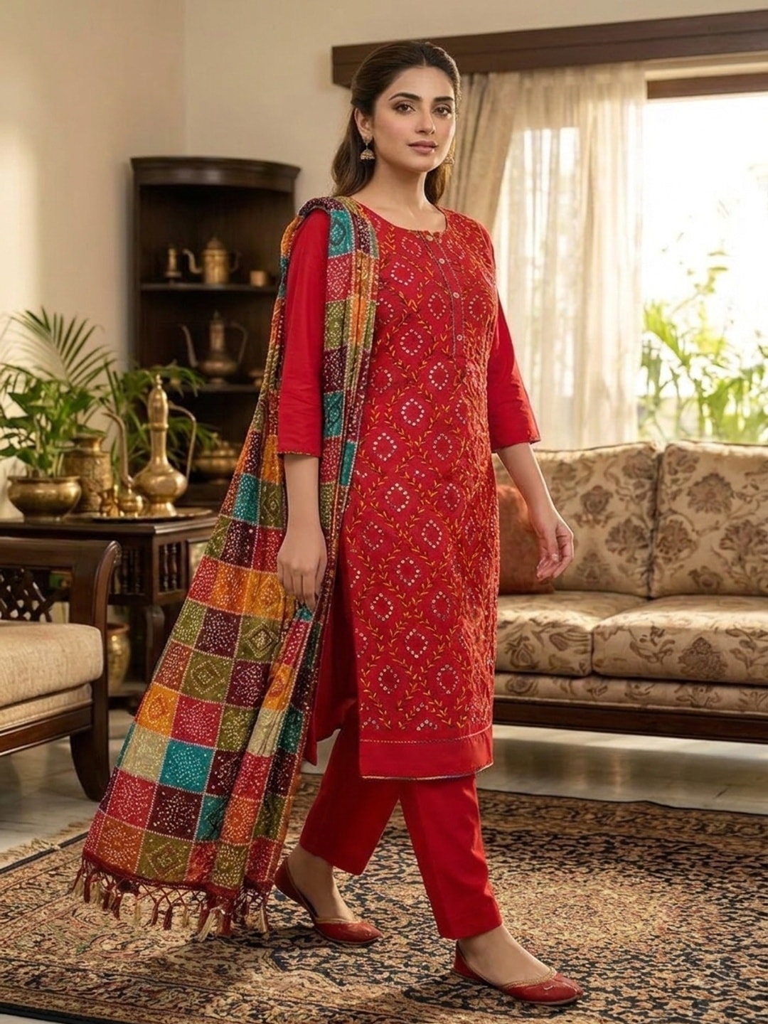 Peachmode Red Cotton Unstitched Dress Material With Mirror Work And Bandhani Print Dupatta - Image 2