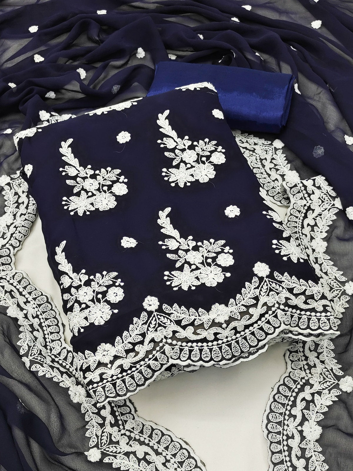 Peachmode Navy Blue Georgette Unstitched Dress Material With White Thread Embroidery - Image 1
