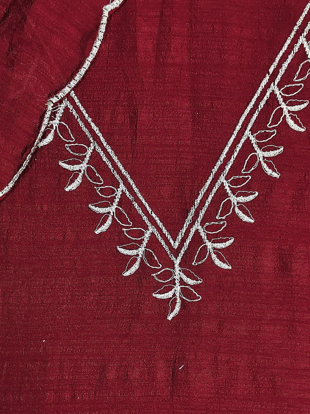 Peachmode Maroon Vichitra Silk Unstitched Dress Material With V-Neck Floral Embroidery - Image 6