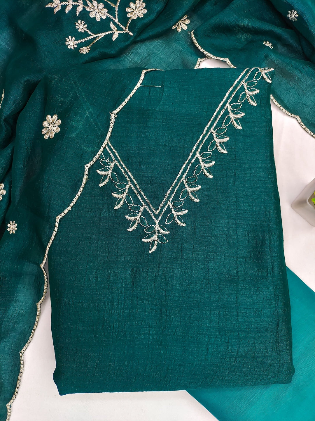 Peachmode Teal Vichitra Silk Unstitched Dress Material With V-Neck Floral Embroidery - Image 2