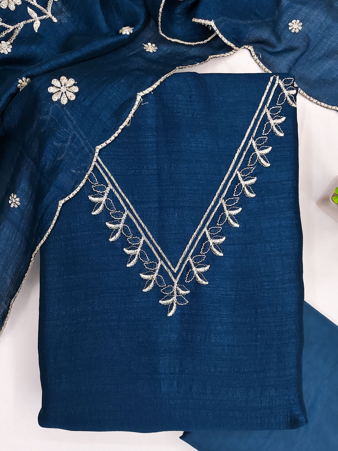 Peachmode Blue Vichitra Silk Unstitched Dress Material With V-Neck Floral Embroidery - Image 2