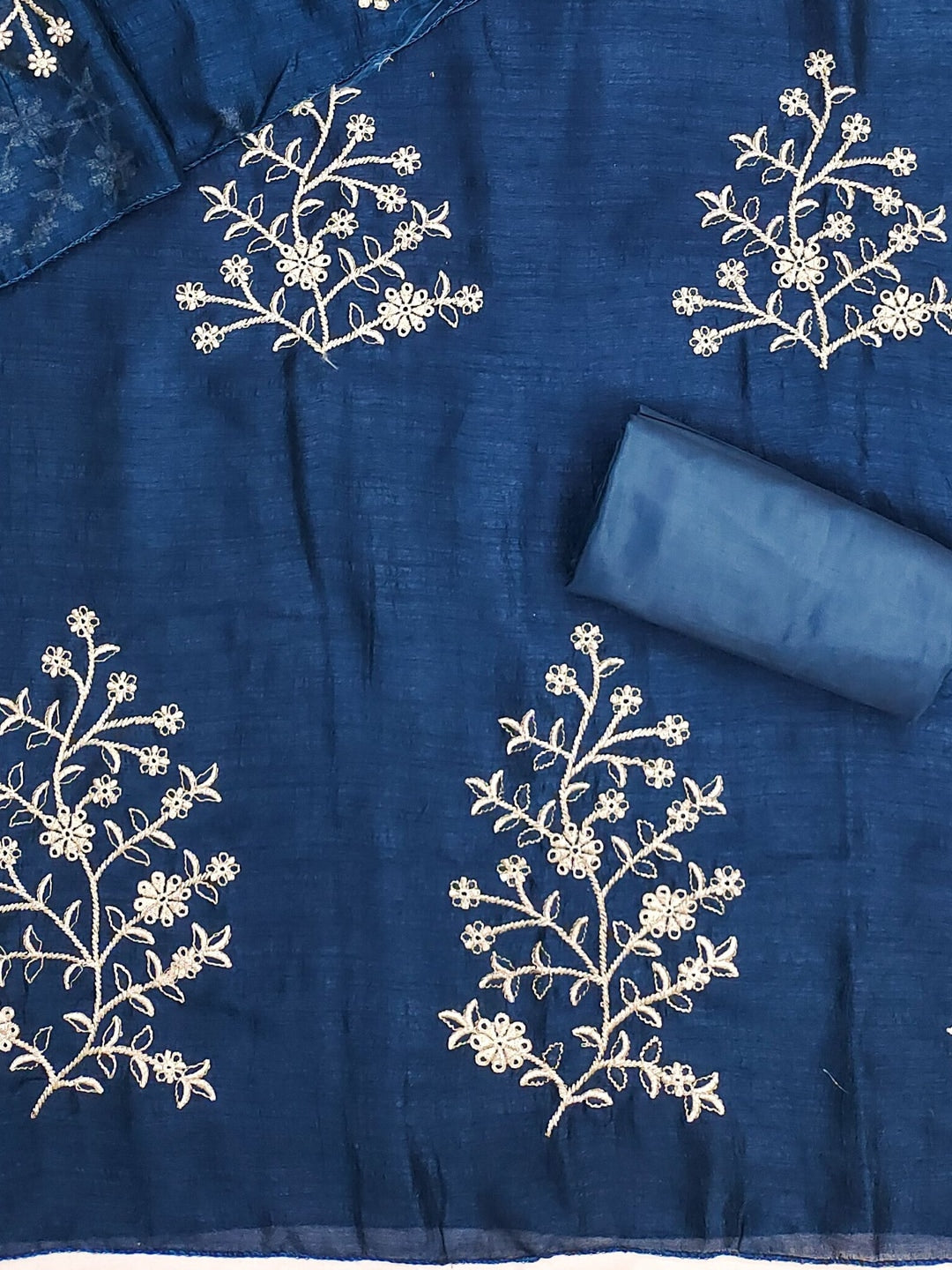Peachmode Blue Vichitra Silk Unstitched Dress Material With V-Neck Floral Embroidery - Image 6