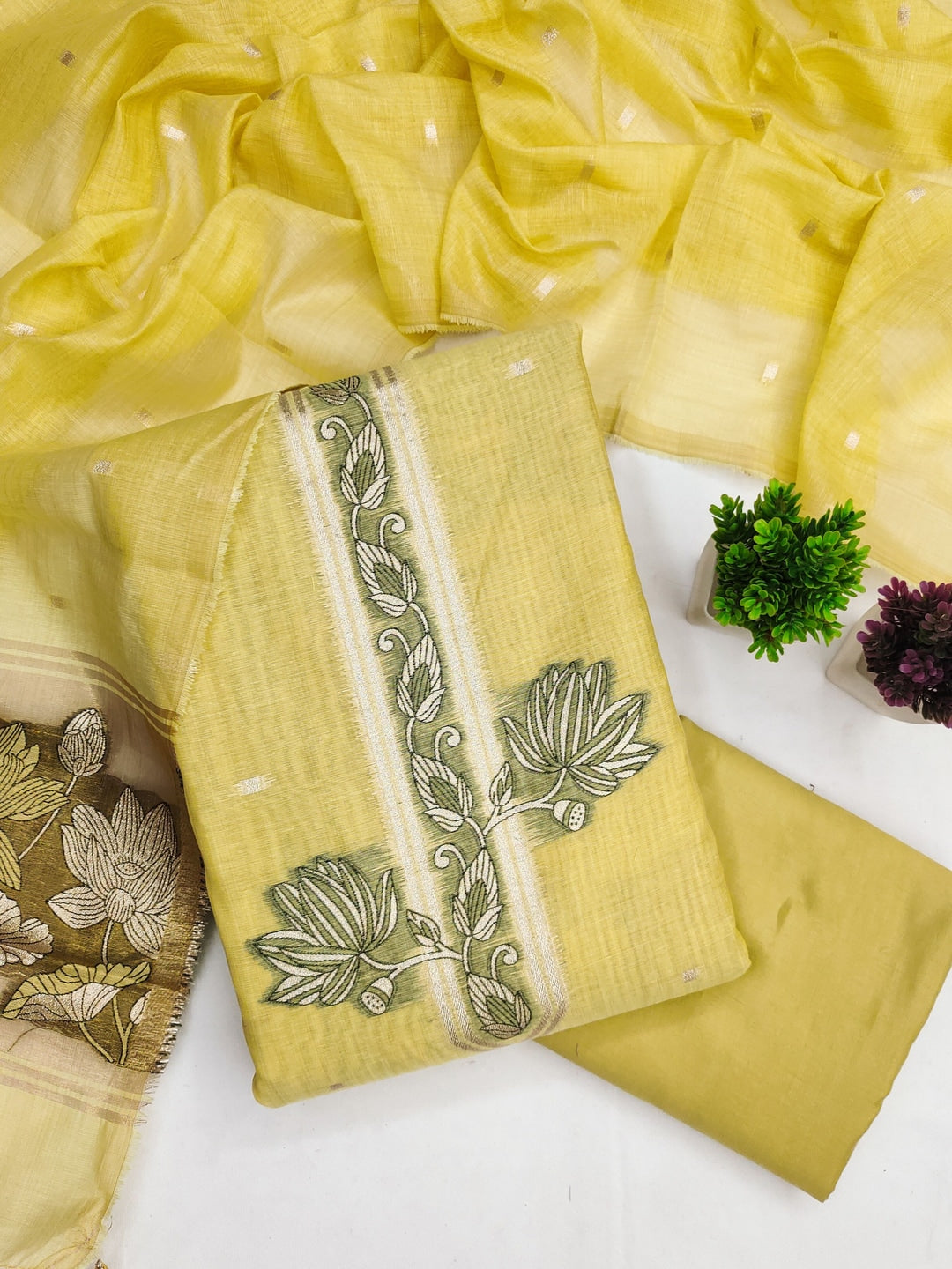 Peachmode Yellow Muga Cotton Unstitched Dress Material With Jamdani Pichwai Weaving - Image 1